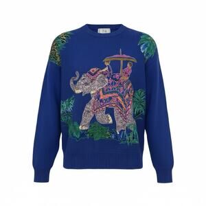Vintage 80s Beaded Elephant Sweater Ramie Cotton Blue Art Knit Small